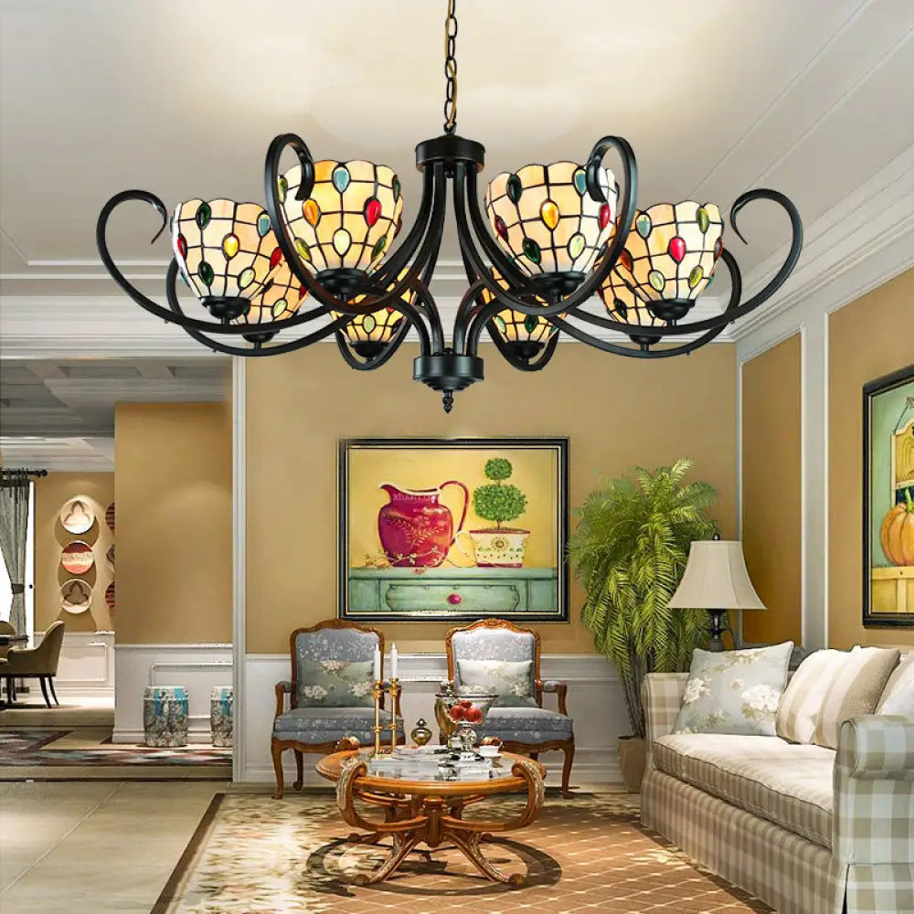 Stunning Tiffany Stained Glass Chandelier With Beaded Design - 5/6/8 Lights Beige Perfect For