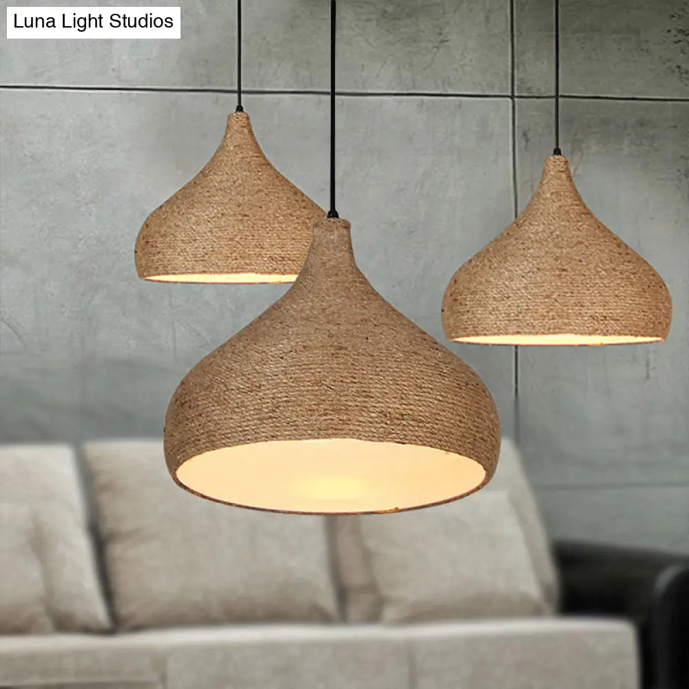 Stylish Hemp Rope Teardrop Pendant Light: Lodge-Inspired Beige Suspension Lamp With 1 Bulb For