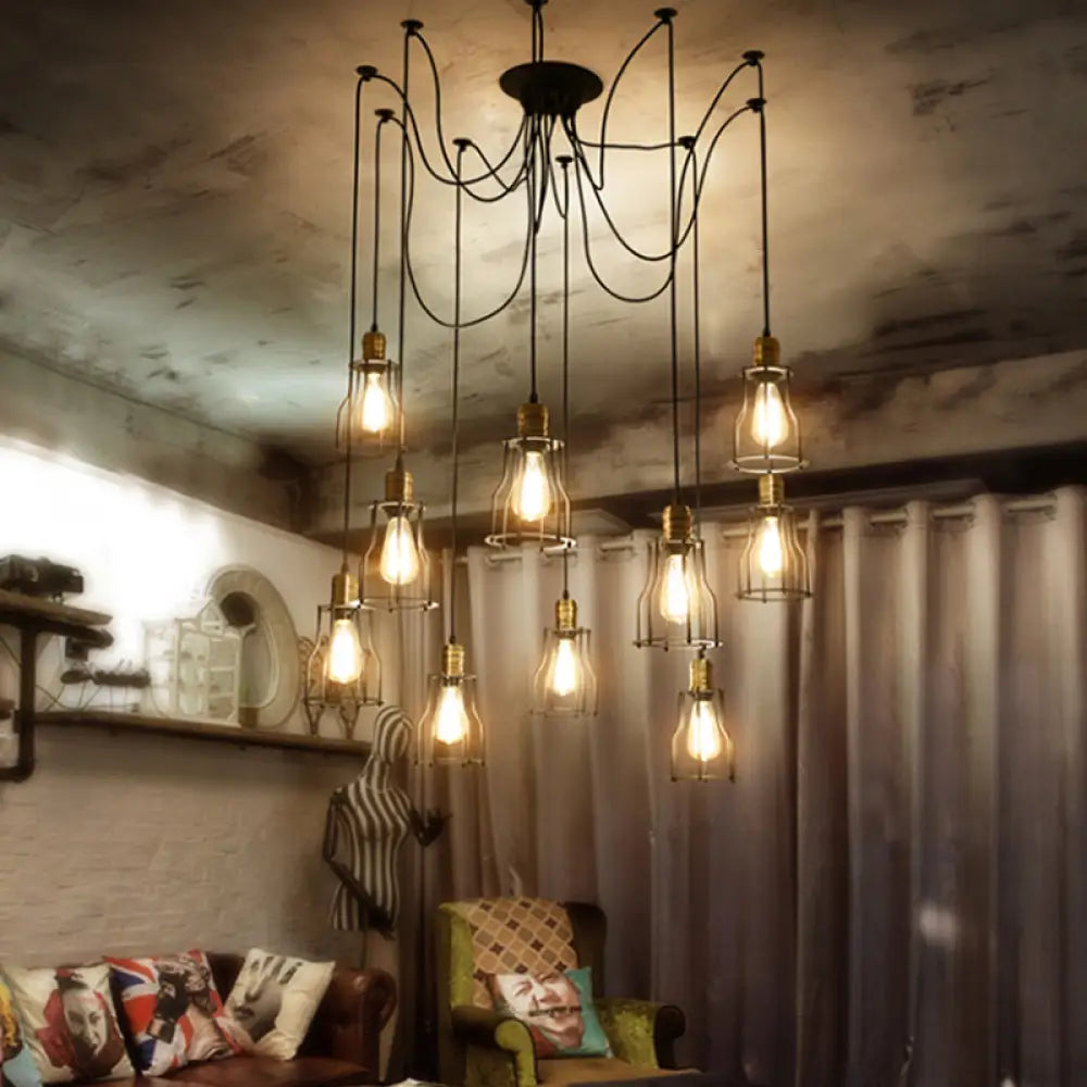 Stylish Vintage Metal Swag Pendant Lamp With Wire Guard - Black 10 /