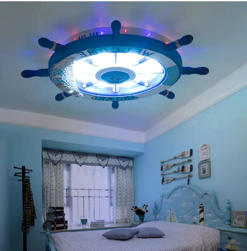 Stylish Wooden Rudder Led Ceiling Light Fixture In Sky Blue/White - Flush Mount Dark Blue