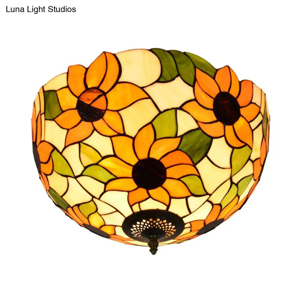 Sunflower Stained Glass Ceiling Fixture - Tiffany 2/3 Lights Yellow & Green Flushmount Lamp