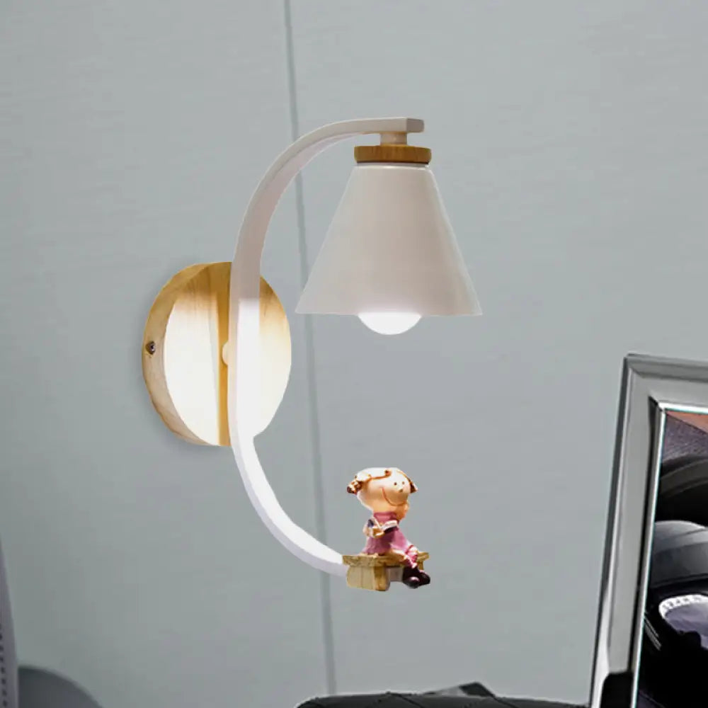 Tapered Iron Wall Mount Lamp - 1 Light Pink/Blue And Wood Sconce With Moon/Portrait Decor Pink /