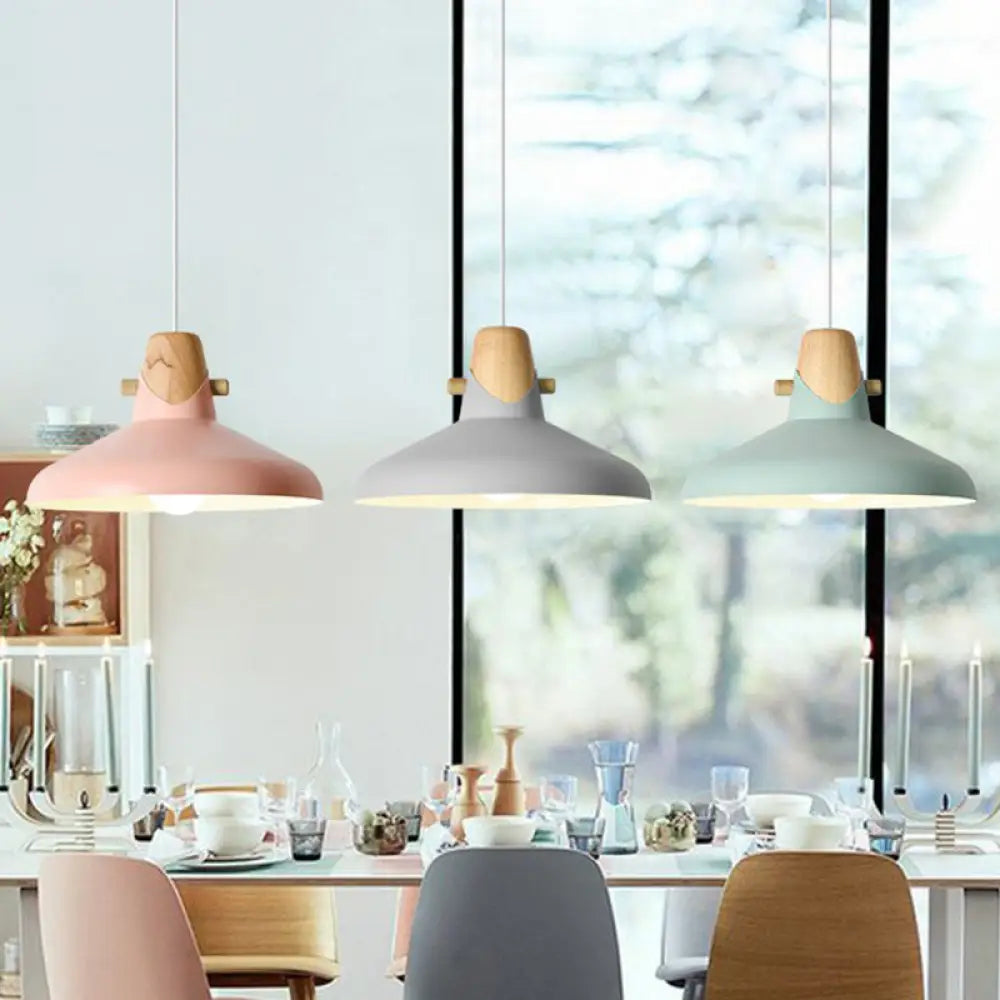 Tapered Metal Macaron Pendant Light With Wooden Decor - Restaurant Ceiling Hang Grey / 13