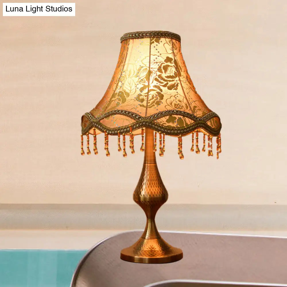 Thérèse - Vintage Brass 1 Head Night Stand Lamp Floral Print Fabric Flared Table Light With