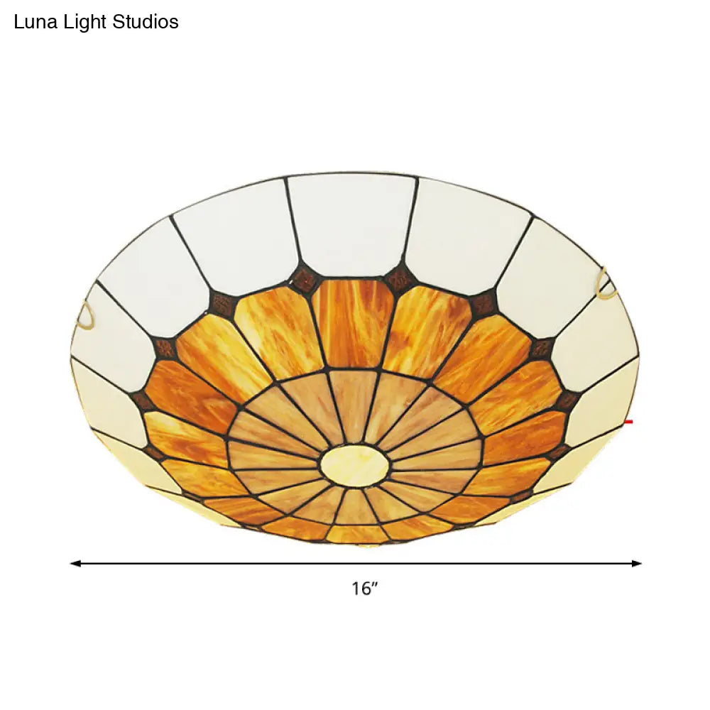 Tiffany Antique Art Glass Grid Bowl Ceiling Lamp In Blue/Orange/Yellow - 12’/16’ Width Bedroom Mount