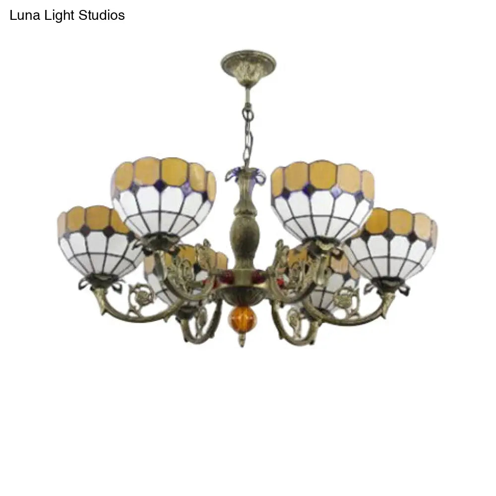 Tiffany Antique Glass Chandelier In Green/Yellow With 6 Bowl Shade Heads For Hotels