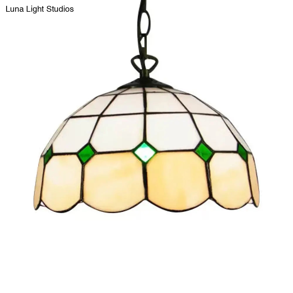 Tiffany Art Glass Dome Pendant Light - Beige/Orange/Blue 1 Bulb Ceiling Hang Fixture For Living