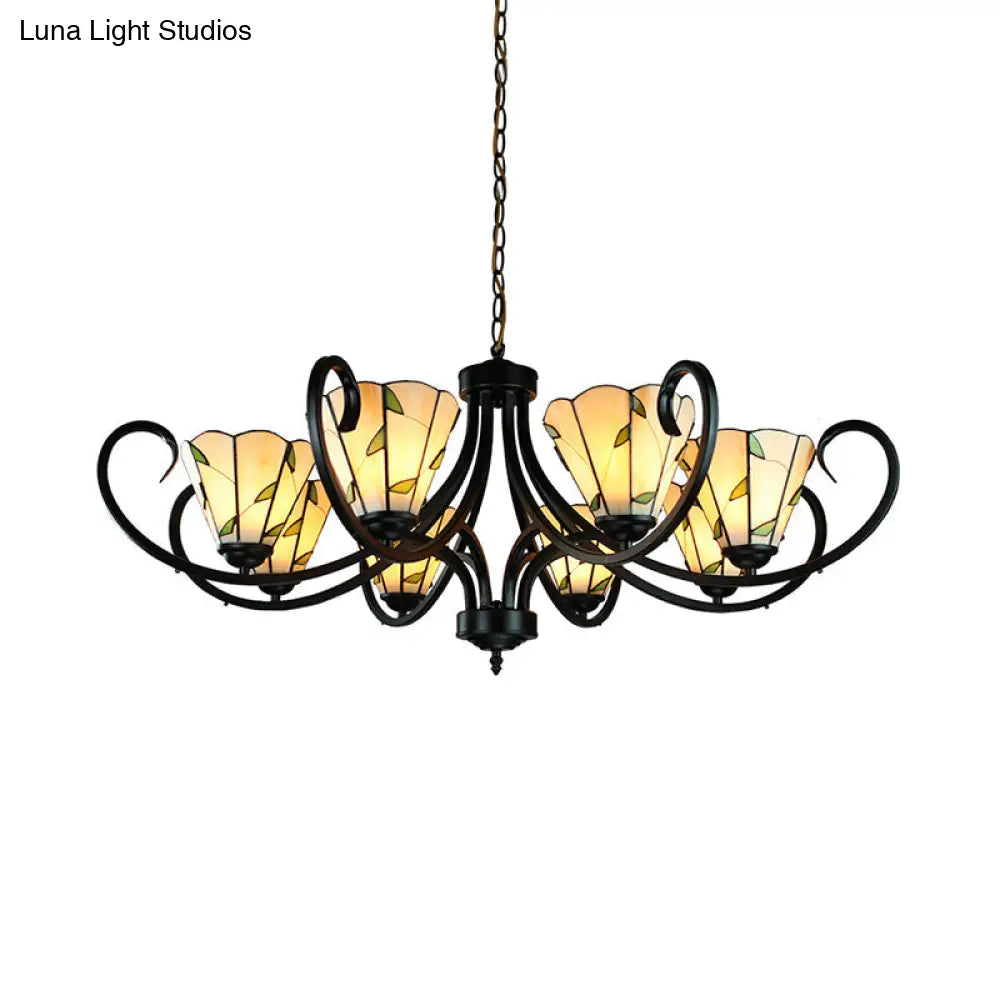 Tiffany Cone Chandelier Lamp With Stained Glass And Beige Shade For Bedroom - 5/6/8 Heads
