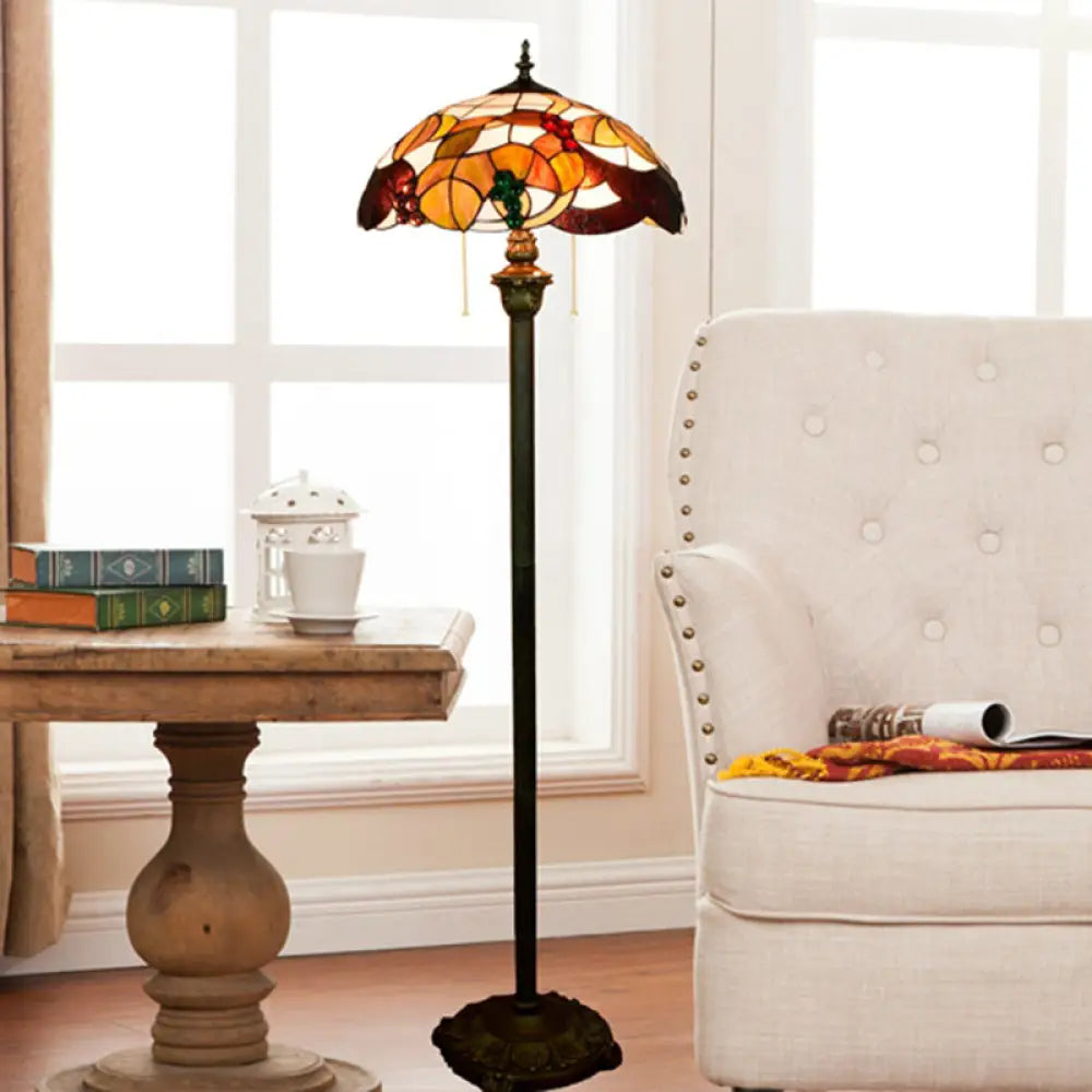 Tiffany Dome Shade Floor Lamp - Handcrafted Glass Pull Chain 2 Bulbs Tan