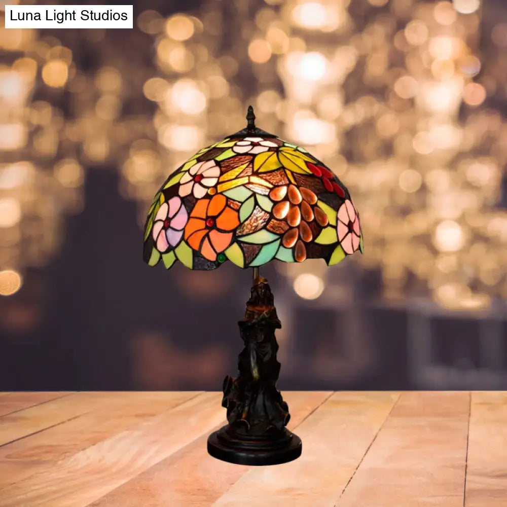 Tiffany Glass Grapes Table Lamp - Baroque Style Brown/Green/White-Brown Night Stand Light With Girl
