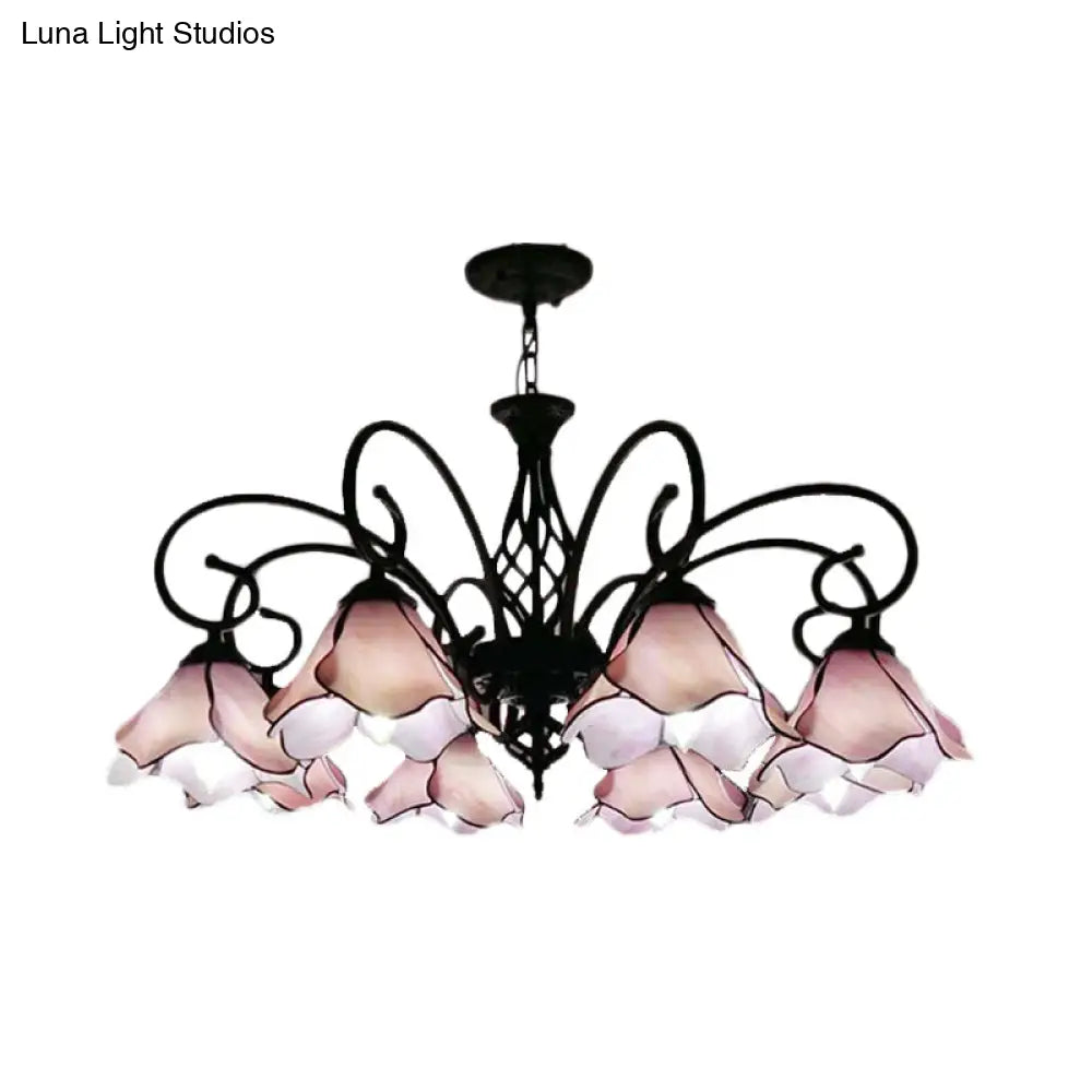 Tiffany Glass Petal Chandelier Light Fixture - 5/8 Lights With Black Ceiling Pendant For Bedroom In