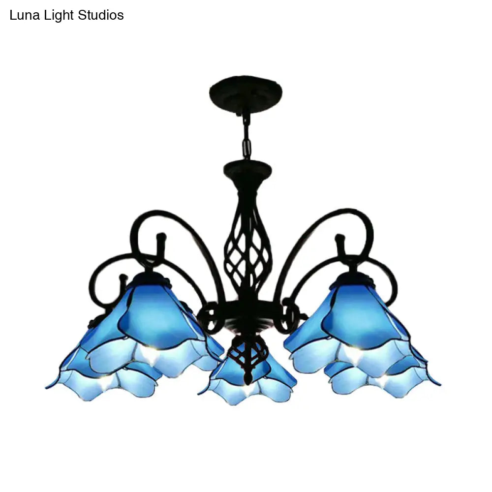 Tiffany Glass Petal Chandelier Light Fixture - 5/8 Lights With Black Ceiling Pendant For Bedroom In