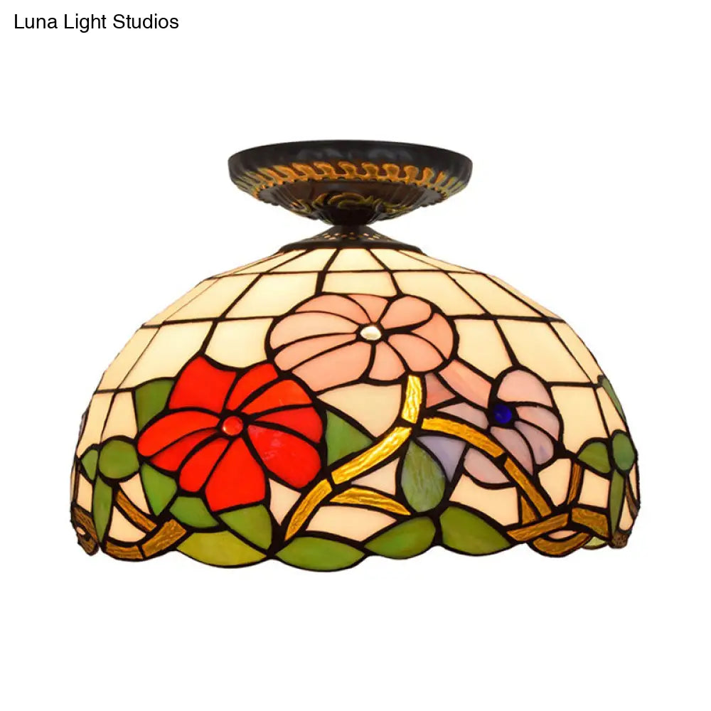 Tiffany Peony Flush Mount Lamp: Stained Glass Ceiling Lighting Fixture In Bronze 12’/16’ Wide