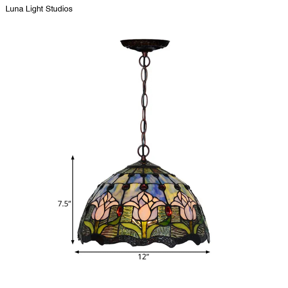 Tiffany Red/Green Cut Glass Chandelier Light - 1/2 Lights Suspended Lamp For Kitchen (12’/16’ W)
