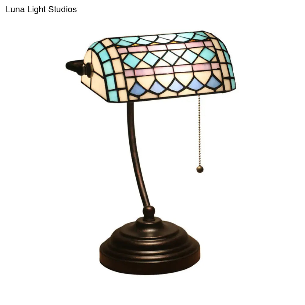 Tiffany Rhombus Patterned Desk Lamp With Cut Glass Pull Chain In Brown/Blue/Green/White