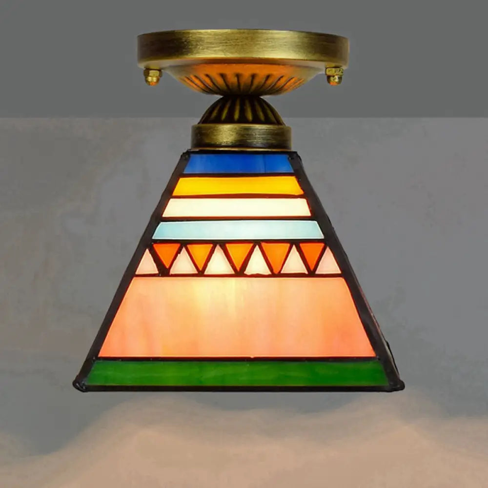 Tiffany Stained Art Glass Semi Flush Mount Ceiling Light - Single - Bulb Shaded Fixture Orange Pink