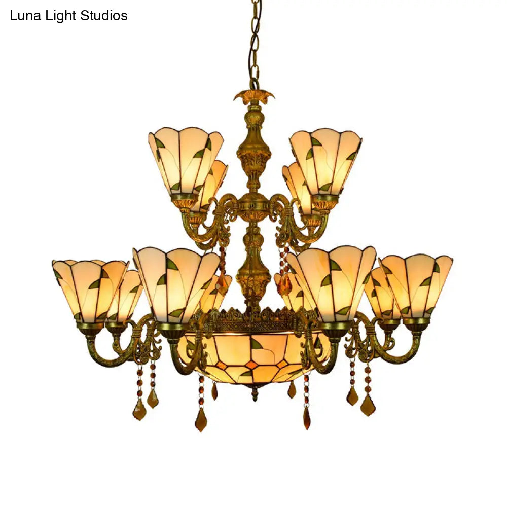 Tiffany Style Agate Leaf Chandelier In Antique Art Glass - 7/9/13 Lights Beige Ideal For Hotels