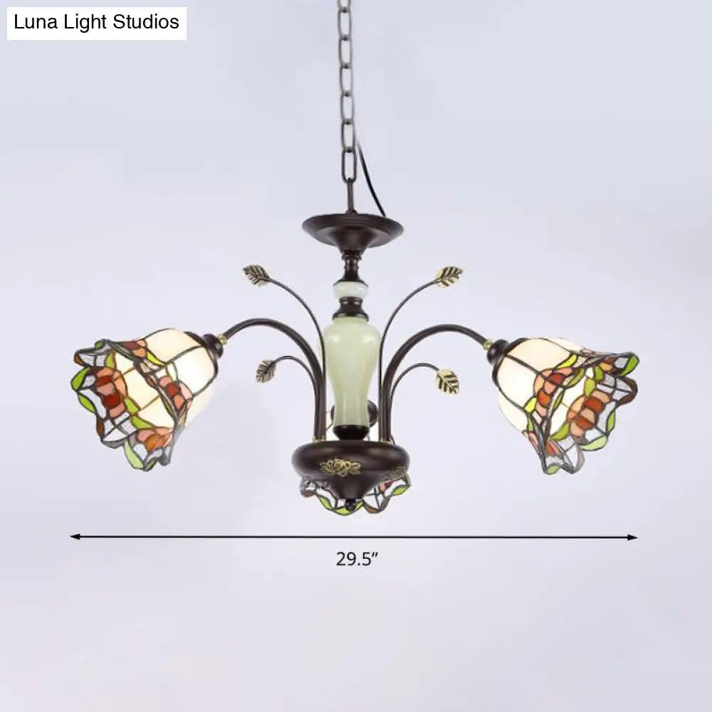 Tiffany Style Art Glass Pendant Chandelier With Floral Design & Bronze Finish For Bedroom - 3/6/8