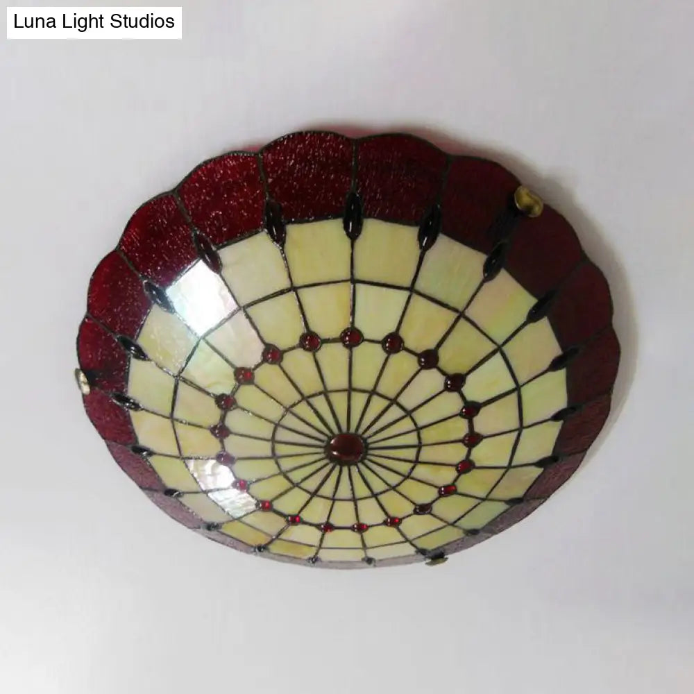 Tiffany Style Bedroom Ceiling Light 12’/16’/19.5’ W Dome Shade Flush Mount With Red Jewel Decoration