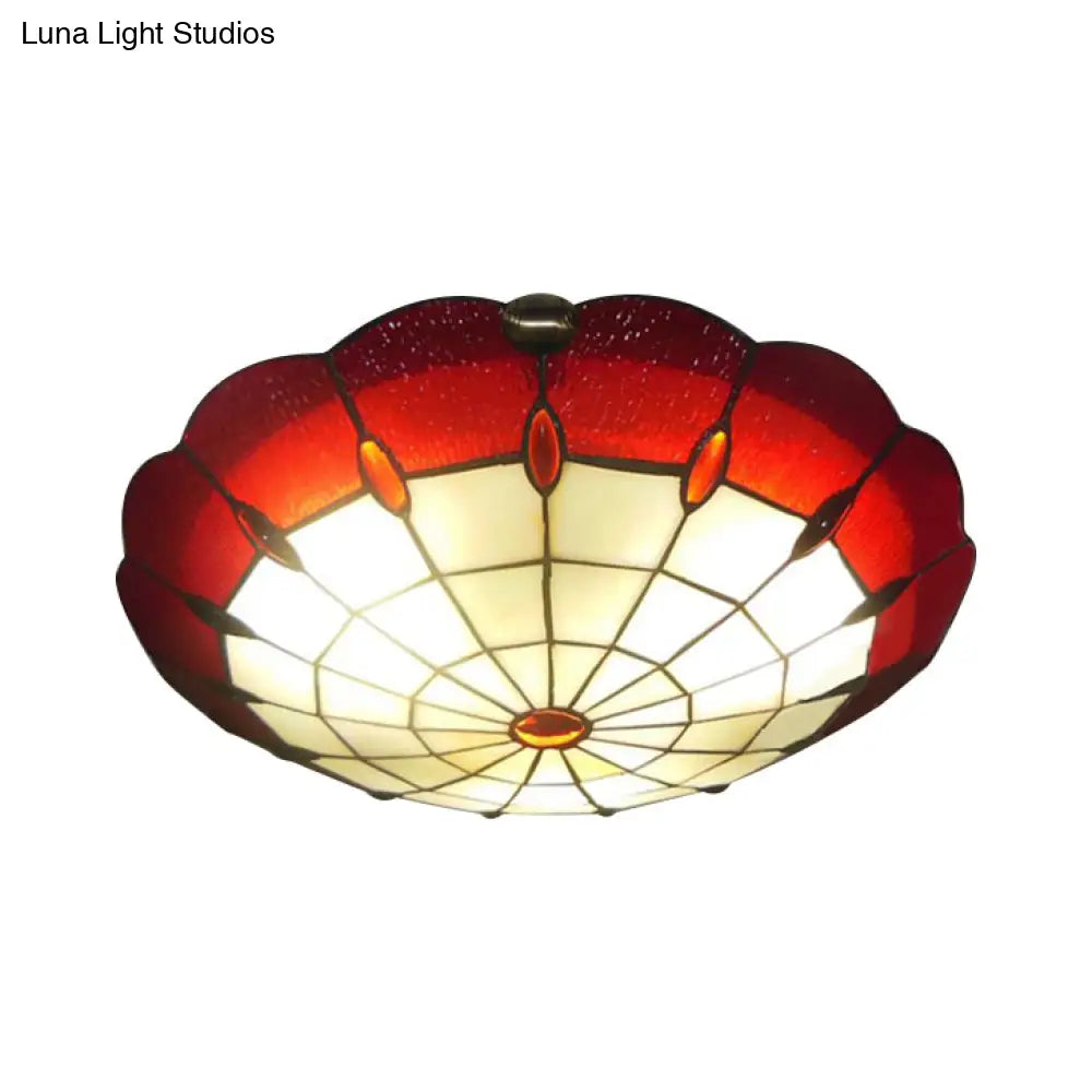 Tiffany Style Bedroom Ceiling Light 12’/16’/19.5’ W Dome Shade Flush Mount With Red Jewel Decoration