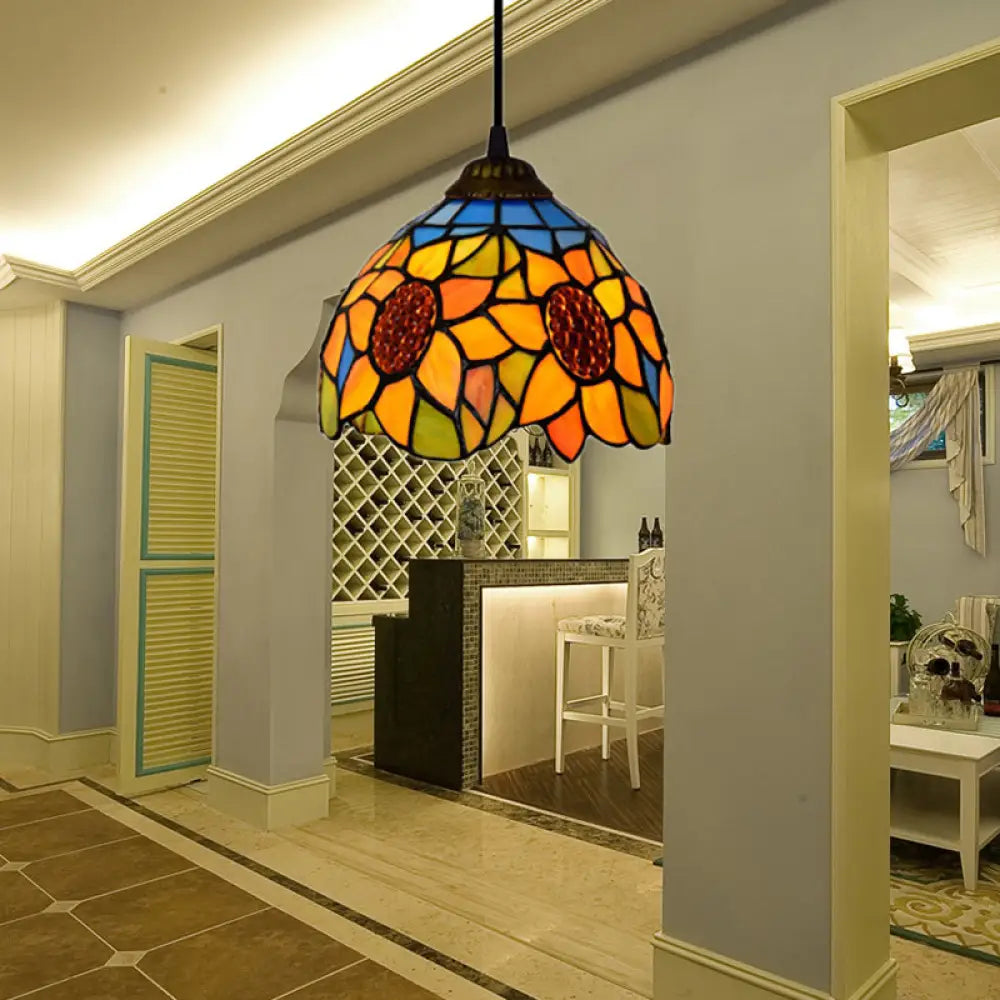Tiffany-Style Hand Cut Glass Pendant Ceiling Light - Green/Orange Flare Design Ideal For Living