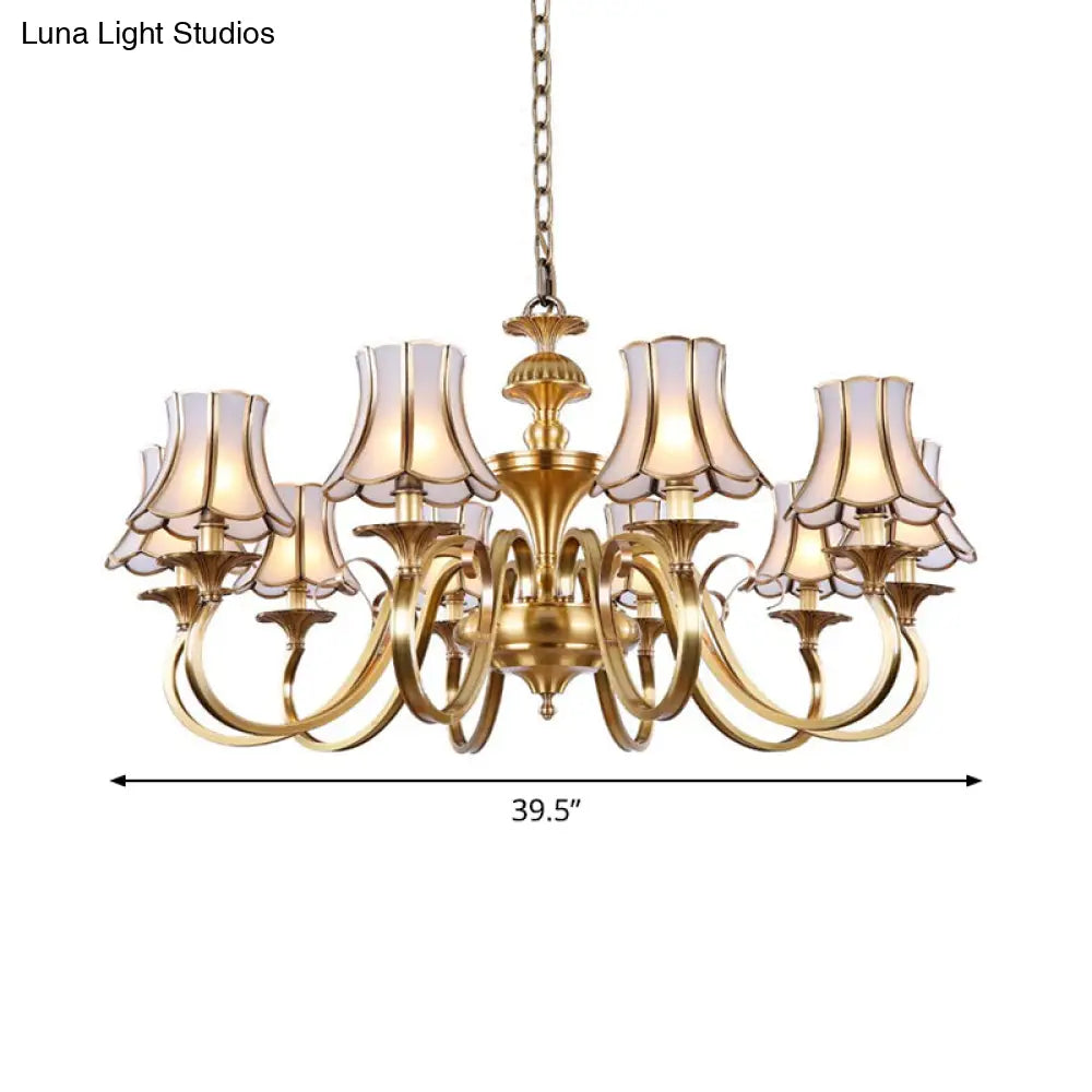Traditional Bedroom Chandelier Light With Frosted Glass Shades - Polished Brass Finish 3/5/6 Lights