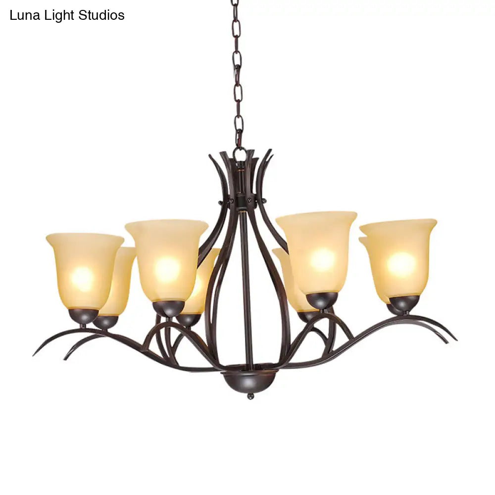 Traditional Bell Pendant Chandelier - Beige Frosted Glass Hanging Light Black