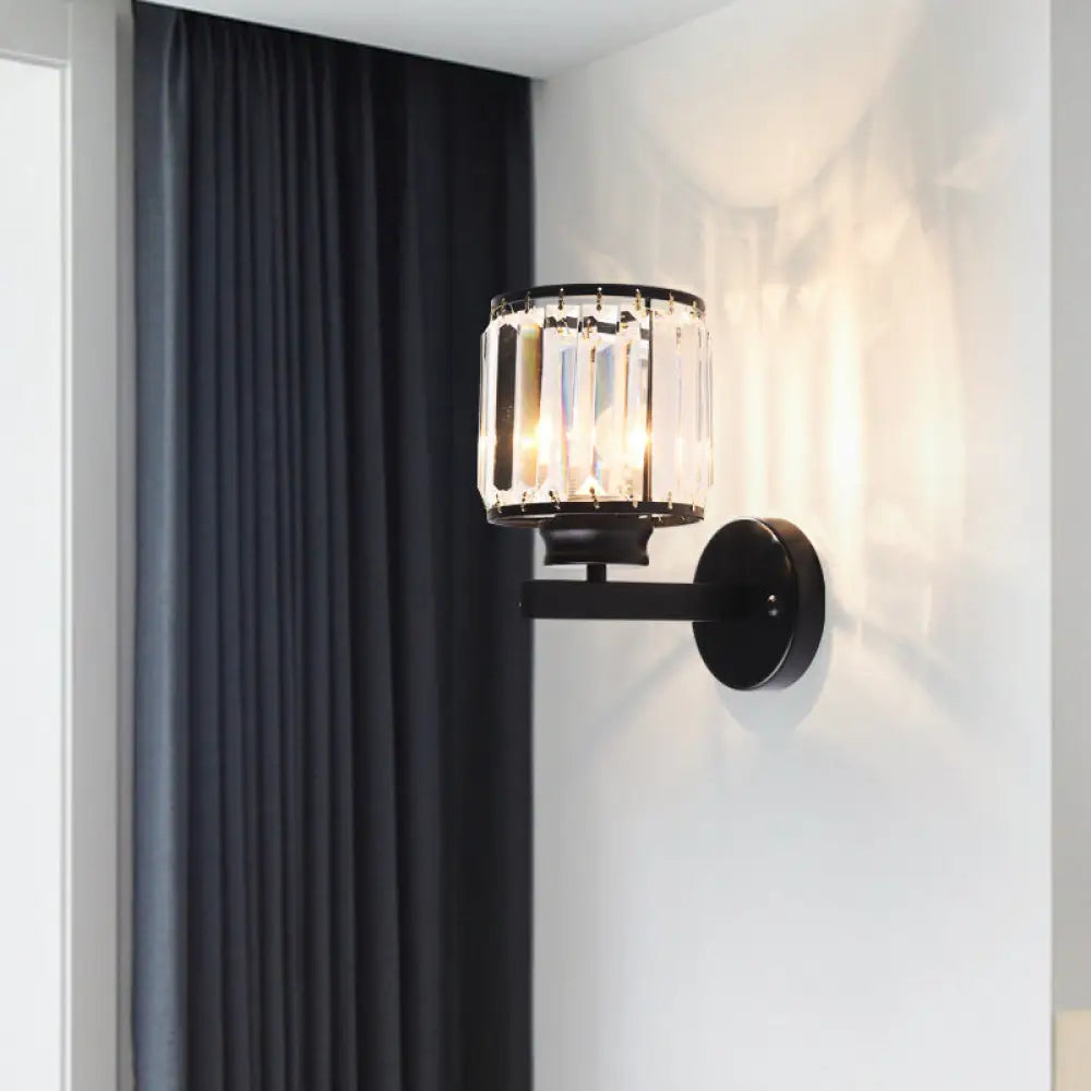 Traditional Beveled Crystal Wall Lighting - 1 Bulb Cylinder Corridor Sconce Black