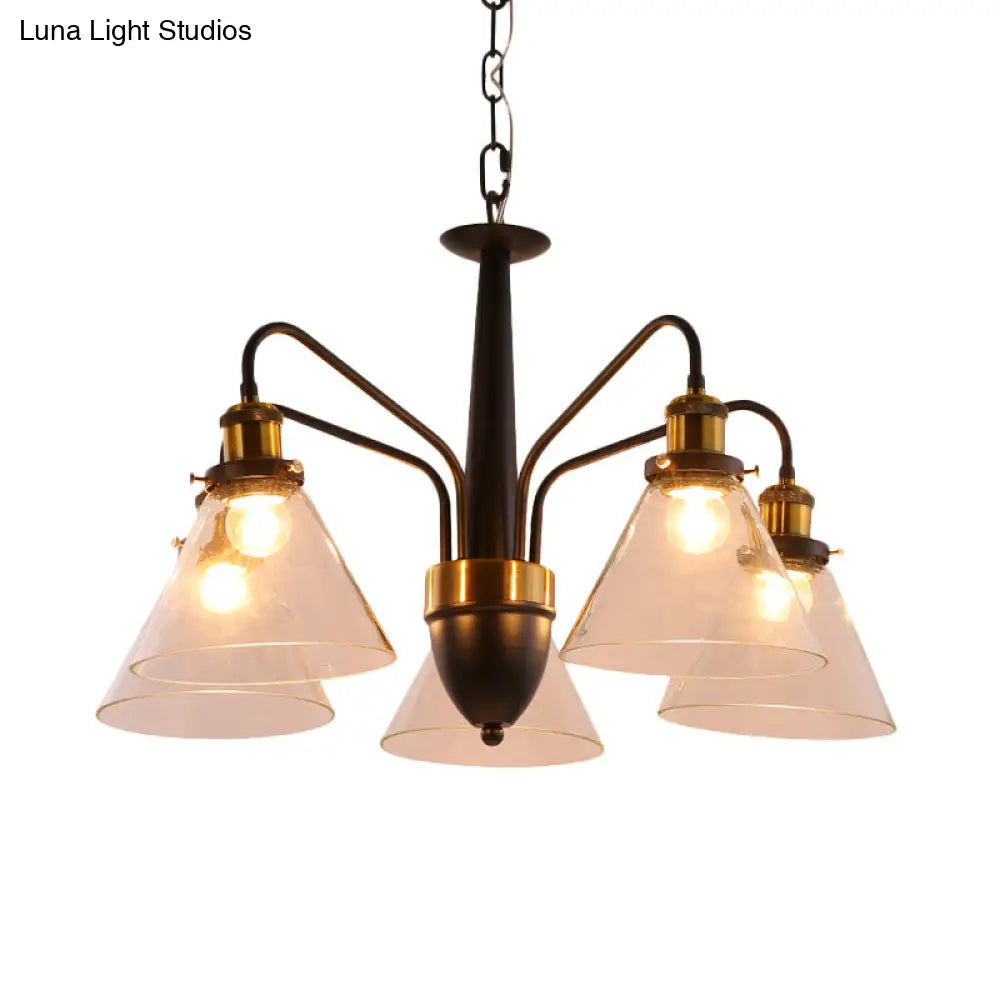 Traditional Black And Gold 3/5/6-Light Conical Chandelier Pendant With Clear Glass Shade