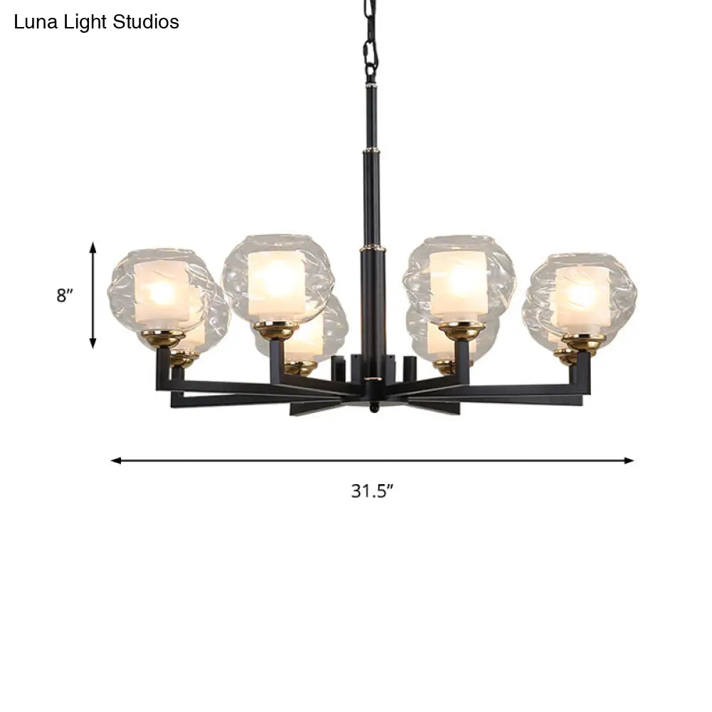 Traditional Black Ceiling Lamp - 3/6/8 Bulbs Clear Textured Glass Living Room Pendant Light