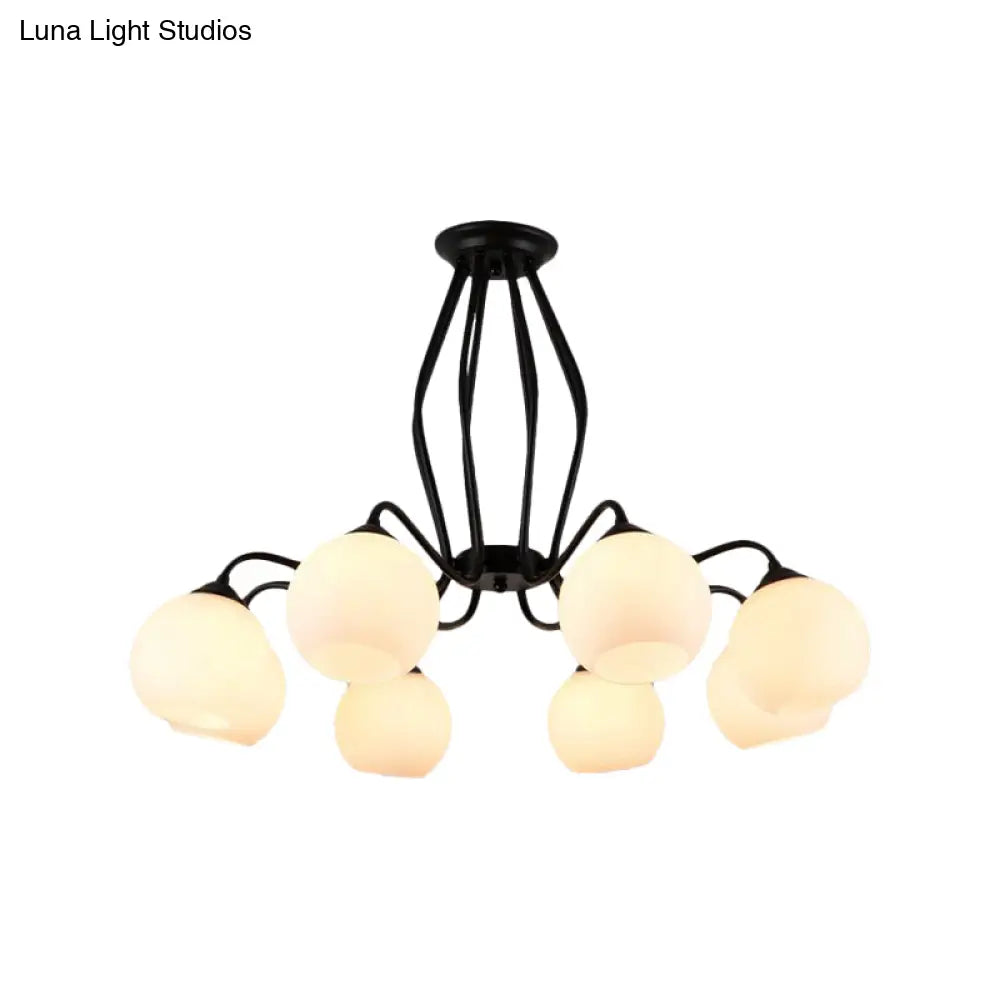 Traditional Black Semi Flush Ceiling Light Fixture With White Glass Shades - 3/6/8 Lights For