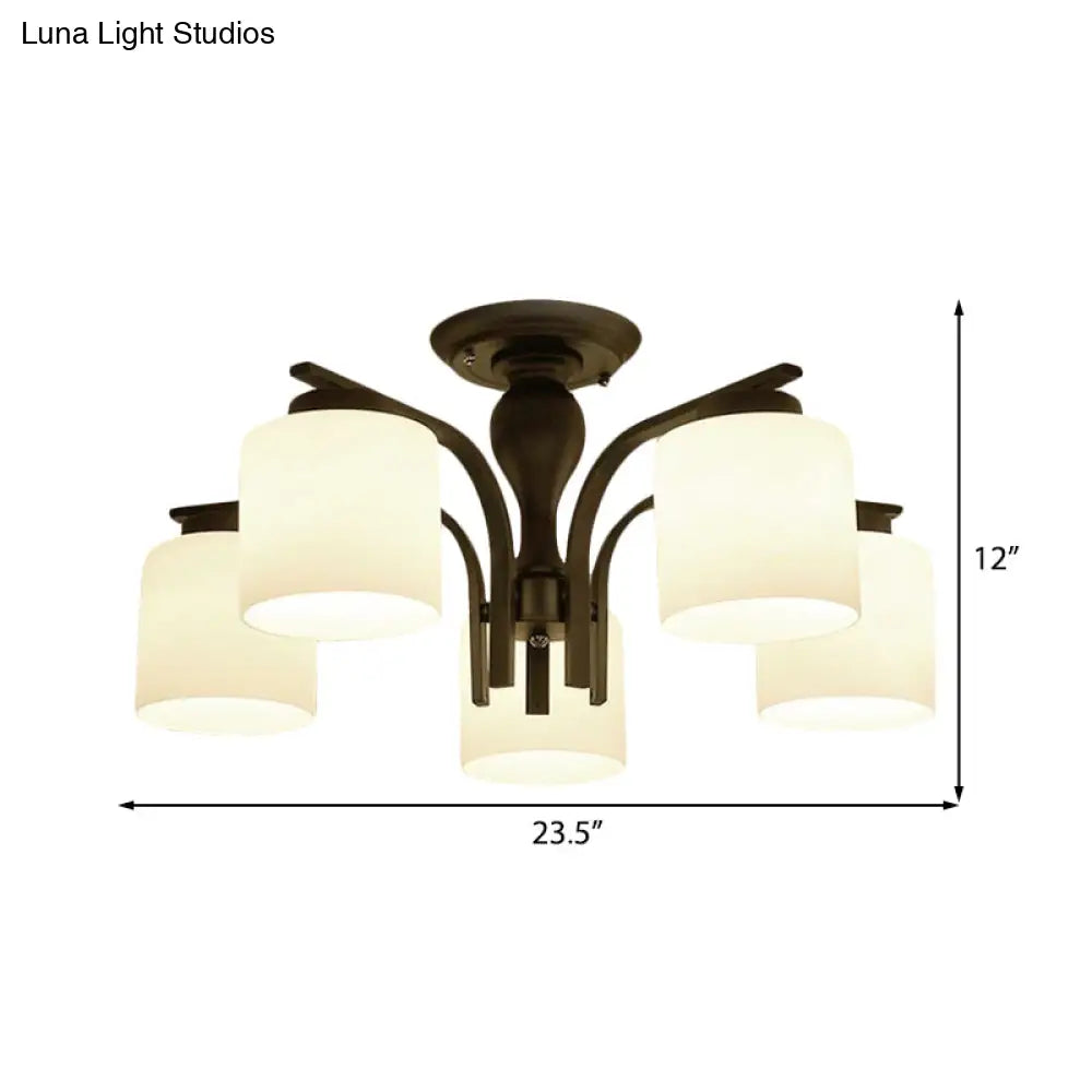 Traditional Black Semi Flush Mount Ceiling Light With Frosted Cylinder Glass Shades - Ideal For