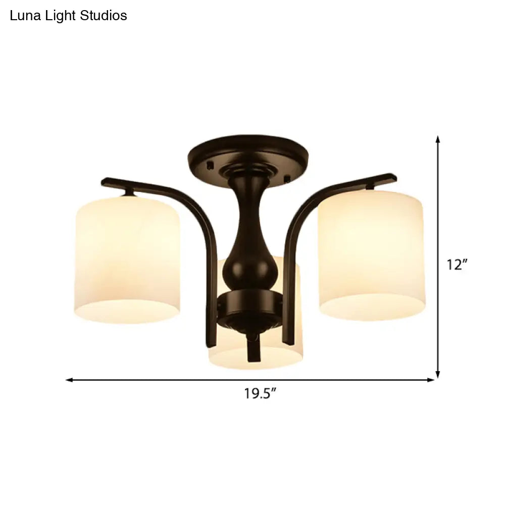 Traditional Black Semi Flush Mount Ceiling Light With Frosted Cylinder Glass Shades - Ideal For