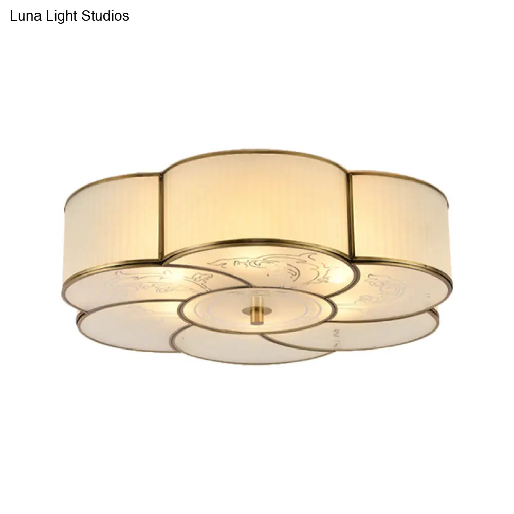 Traditional Brass Floral Flush Mount Lamp For Bedroom With Frosted Glass