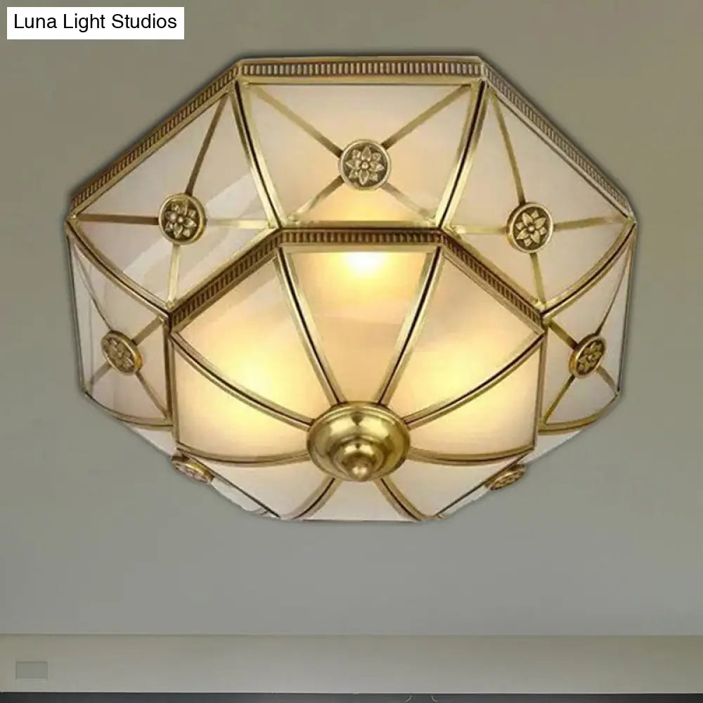 Traditional Brass Flush Mount Ceiling Light Fixture With Frosted Glass Flower Design For Bedroom