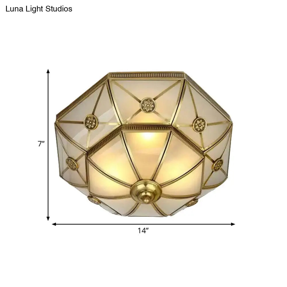 Traditional Brass Flush Mount Ceiling Light Fixture With Frosted Glass Flower Design For Bedroom