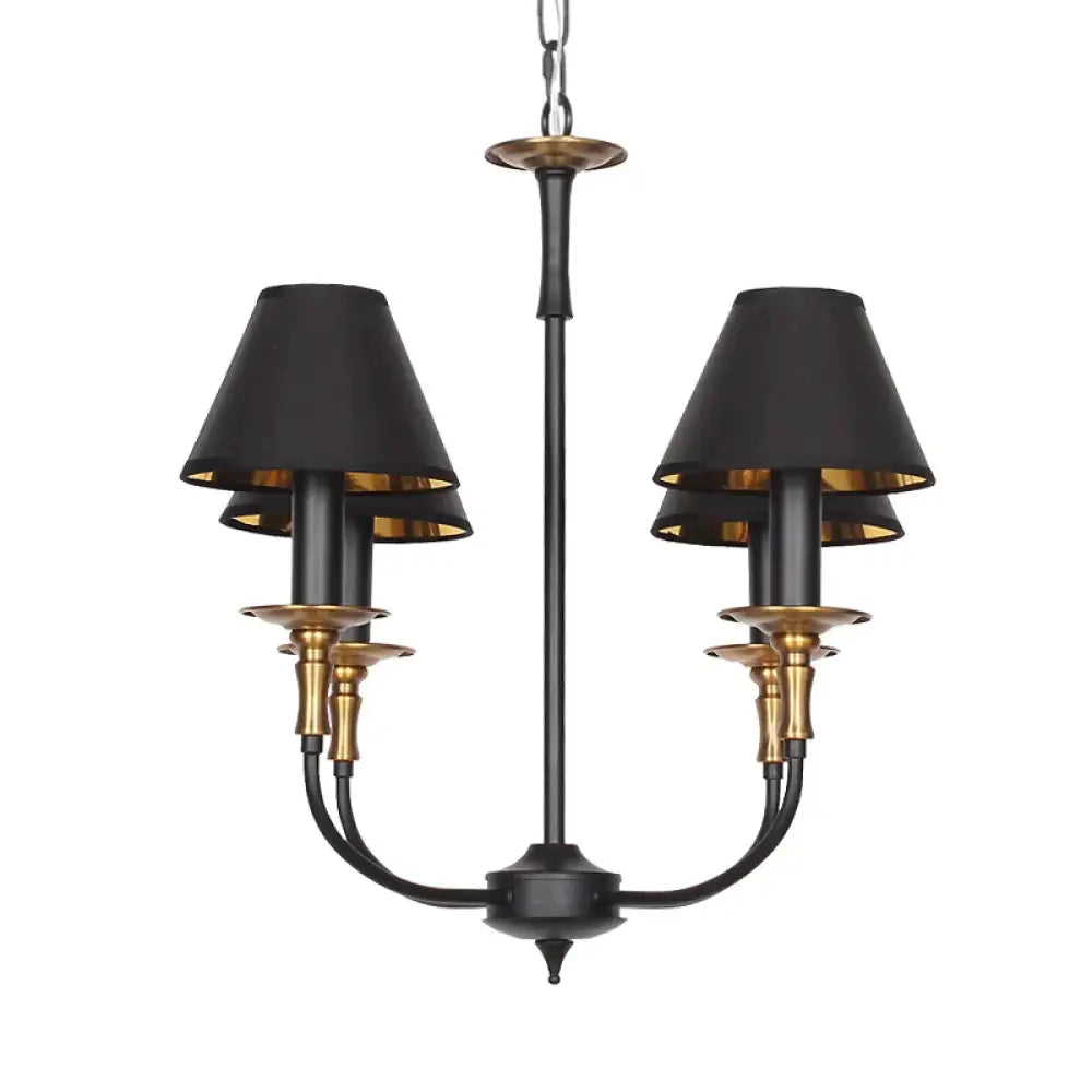Traditional Cone Shape Chandelier 3/4/6-Head Fabric Hanging Pendant In Black/Chrome With Swooping