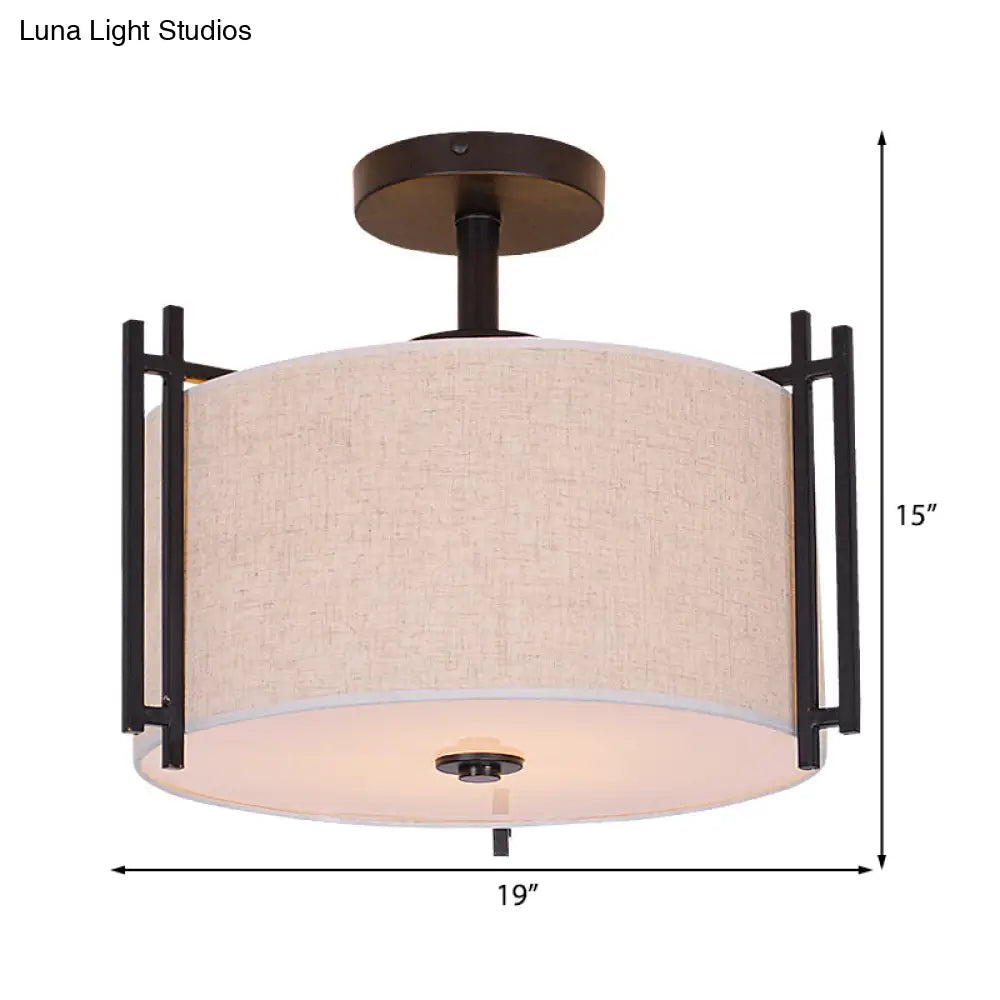 Traditional Flaxen Fabric Drum Ceiling Mount Light For Living Room
