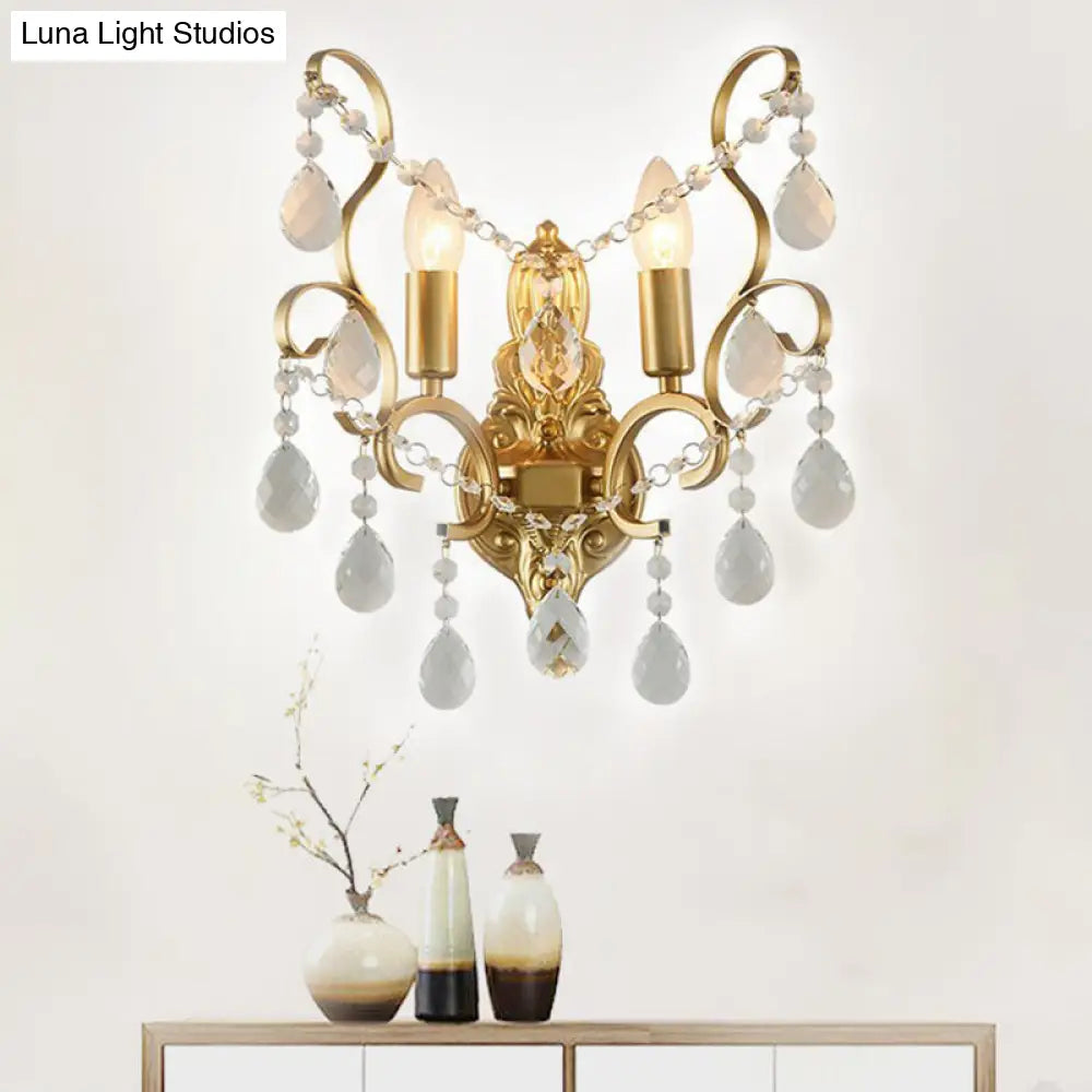 Traditional Metal Candle Wall Lamp With Crystal Swag Accent - 1/2-Light Living Room Mount Fixture