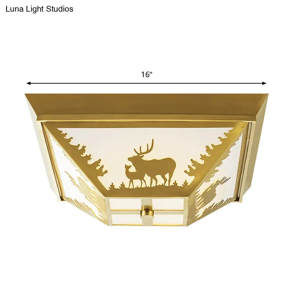 Trapezoid Brass Flush Mount Vintage Metal Ceiling Lamp With 4 Bulbs – Ideal For Living Room Lighting