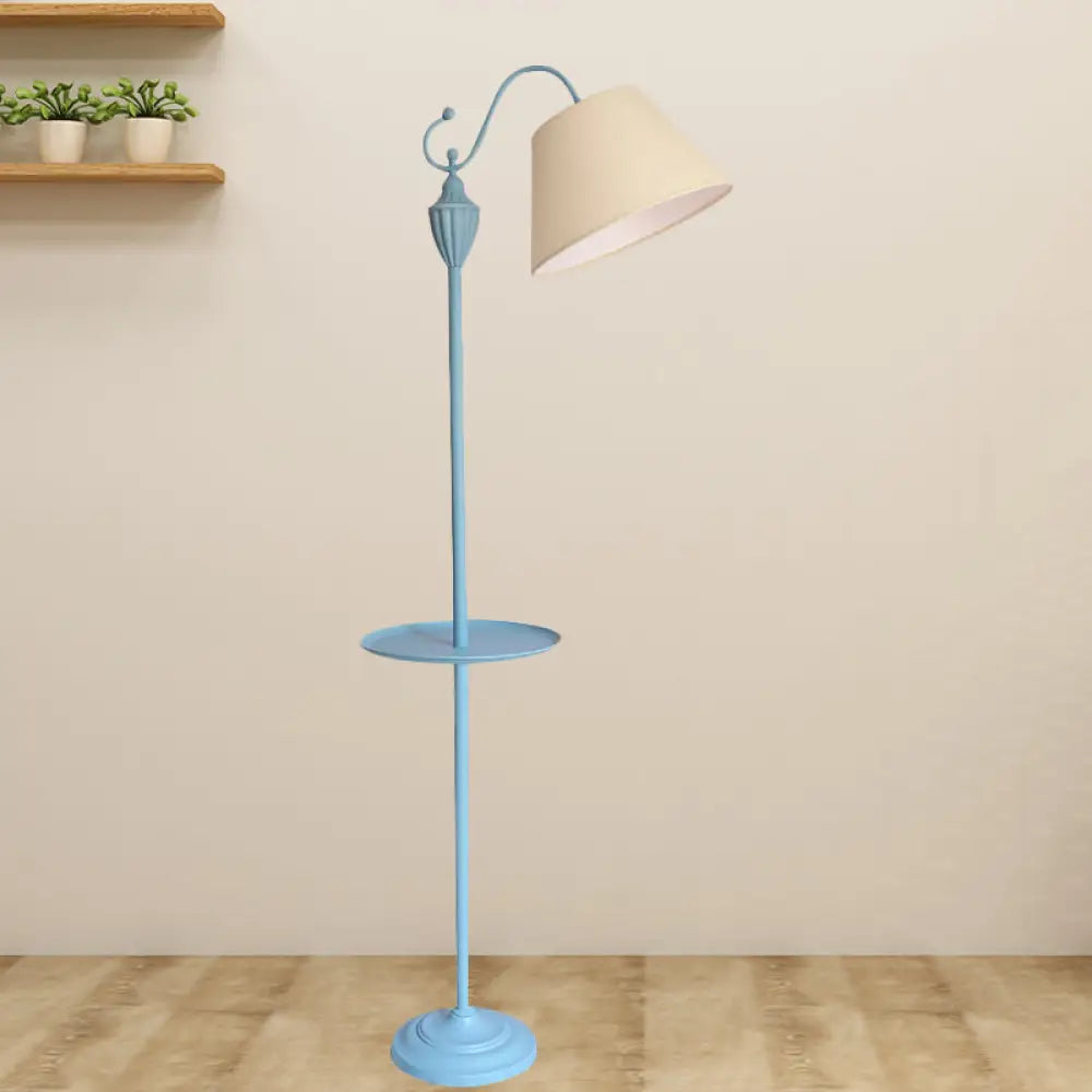 Truncated Cone Shade Floor Lamp In Macaron Fabric - Pink/Blue/Yellow | 1 Bulb Storage Tray Ideal For