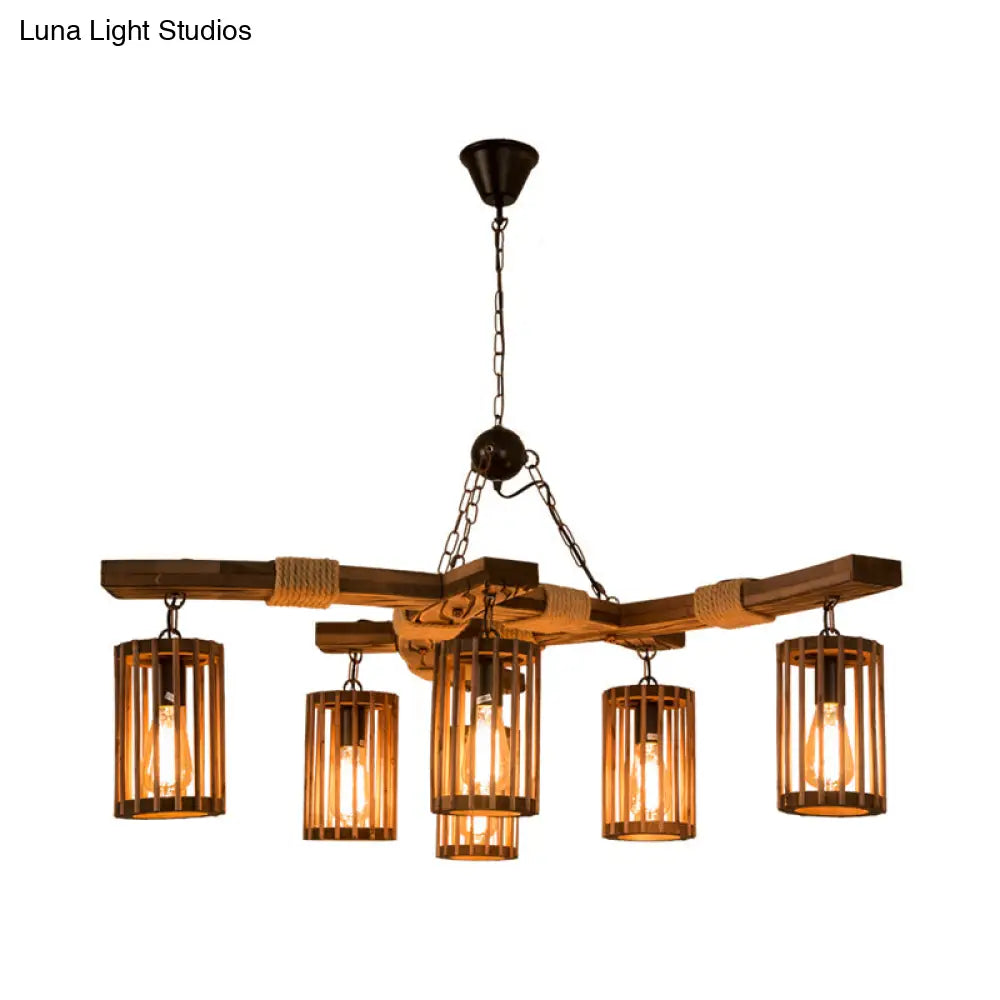 Tseen Kee - Vintage Wood Brown Chandelier Cylinder Pendant Light (3/6-Light)