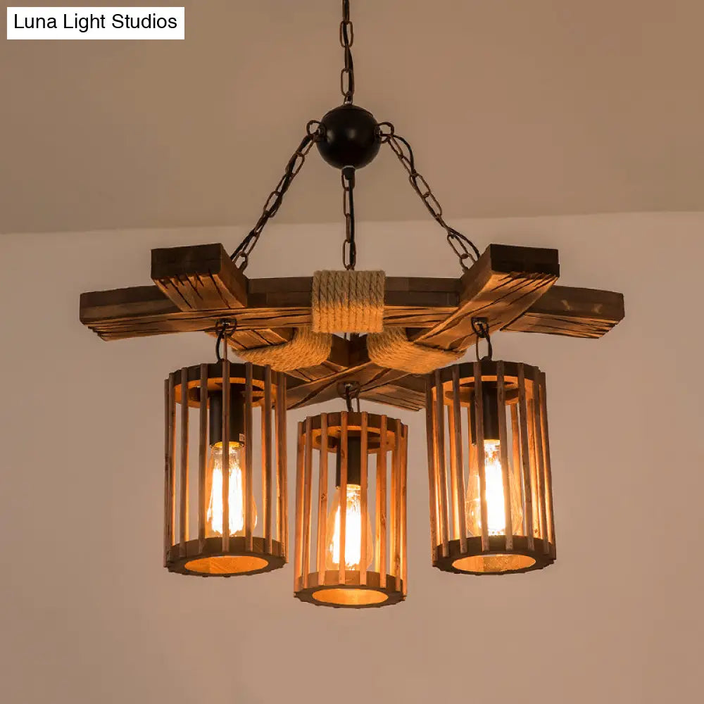 Tseen Kee - Vintage Wood Brown Chandelier Cylinder Pendant Light (3/6-Light)