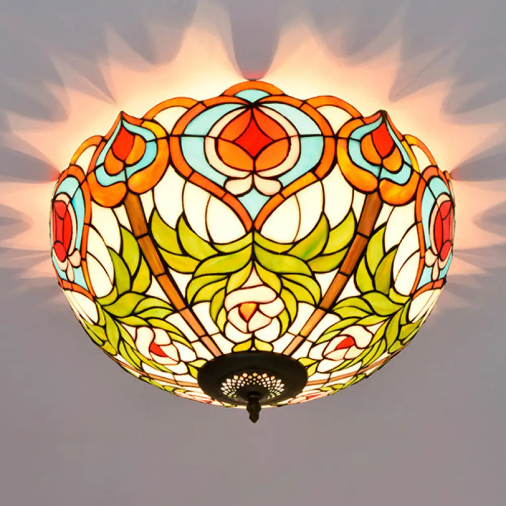 Victorian Glass Ceiling Flush Mount Light Fixture - Bowl Cut 2/3/5 Heads White/Green