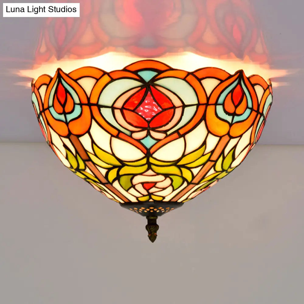 Victorian Glass Ceiling Flush Mount Light Fixture - Bowl Cut 2/3/5 Heads White/Green