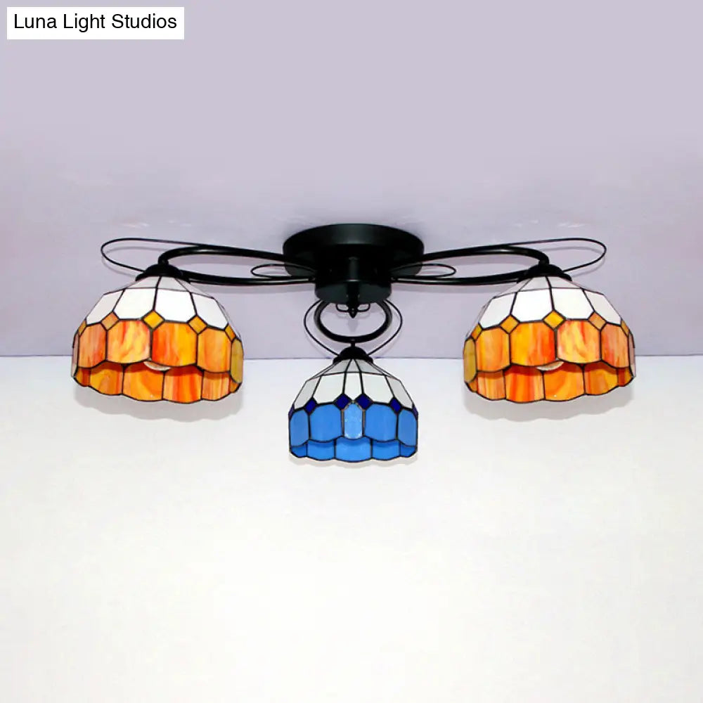 Victorian Stained Glass Ceiling Fixture - Dome Shape Black Flush Mount With 3 Lights