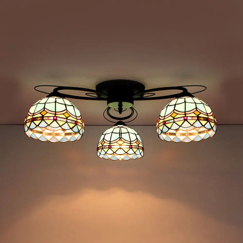 Victorian Stained Glass Ceiling Fixture - Dome Shape Black Flush Mount With 3 Lights / Baroque