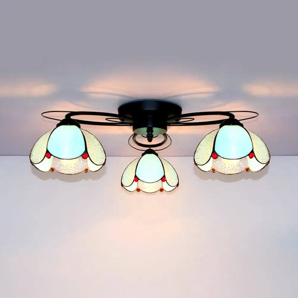 Victorian Stained Glass Ceiling Fixture - Dome Shape Black Flush Mount With 3 Lights / Blue Diamond