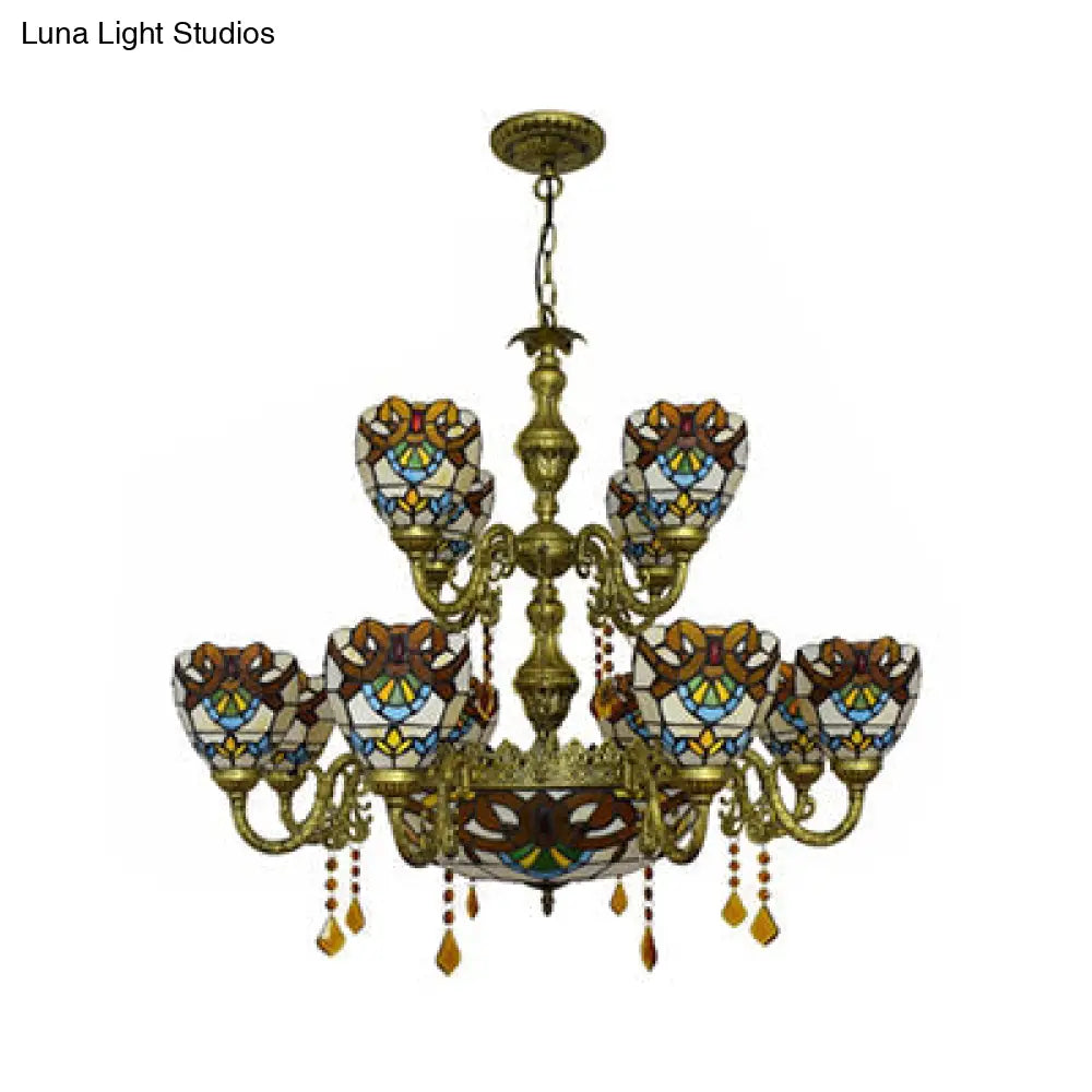 Victorian Stained Glass Crystal Chandelier Light - 15-Lights Domed Hanging Lamp In Brown Ideal For