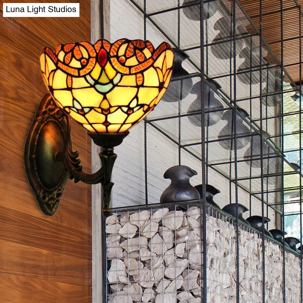 Victorian Stained Glass Wall Lamp: Brown Indoor 1-Light Mount For Corridor